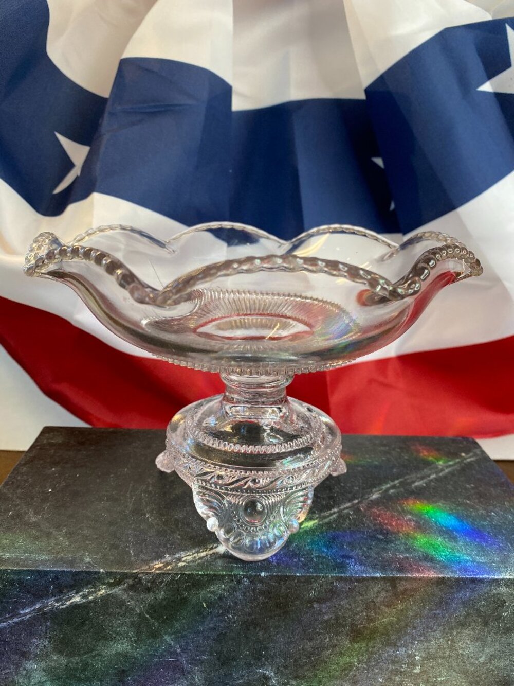 Antique 1898-1905 EAPG US Glass Co Colorado Pattern 3-Toed Compote Beaded Rim